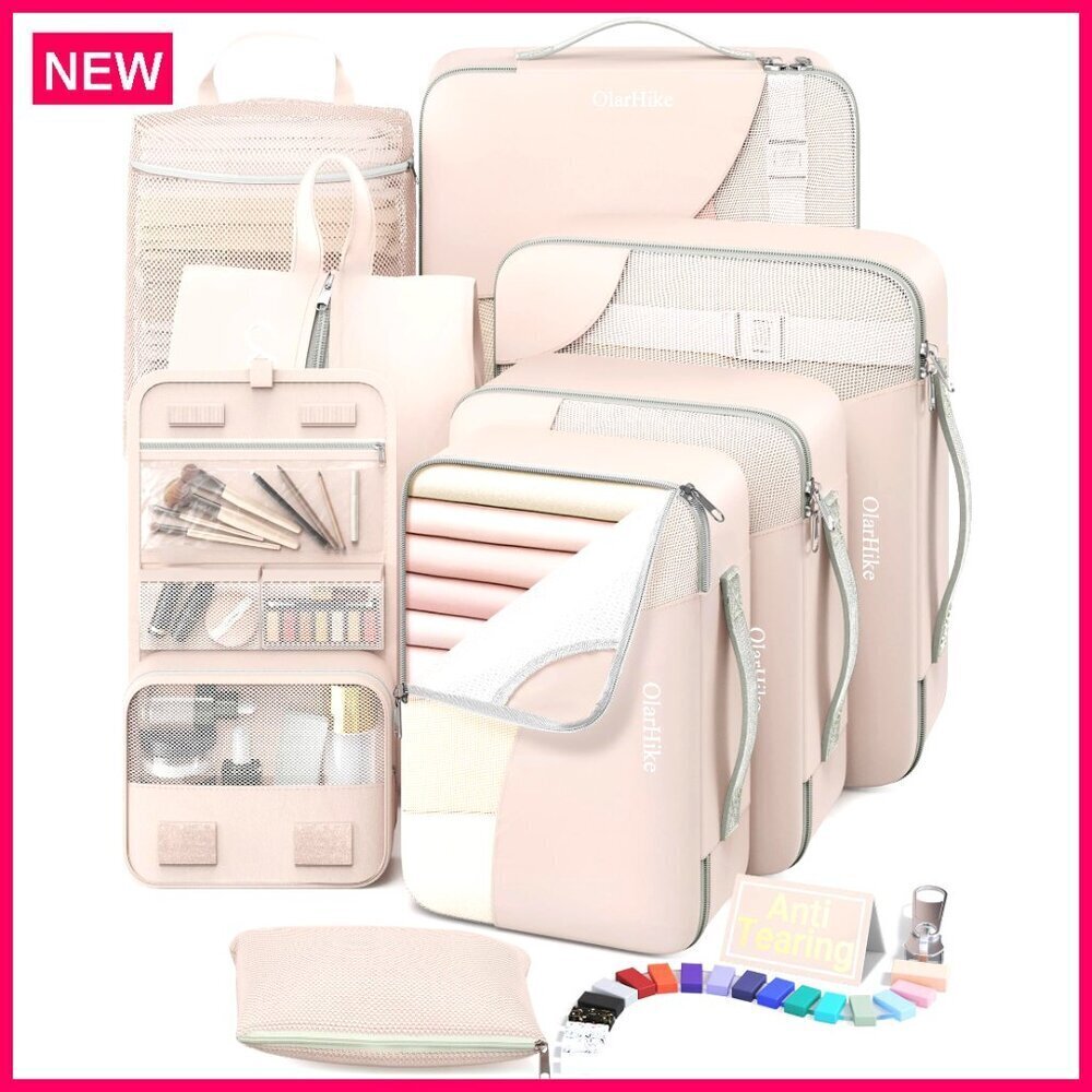 8 Set Travel Packing Cubes with Hanging Toiletry Bag, Polyester Organizers